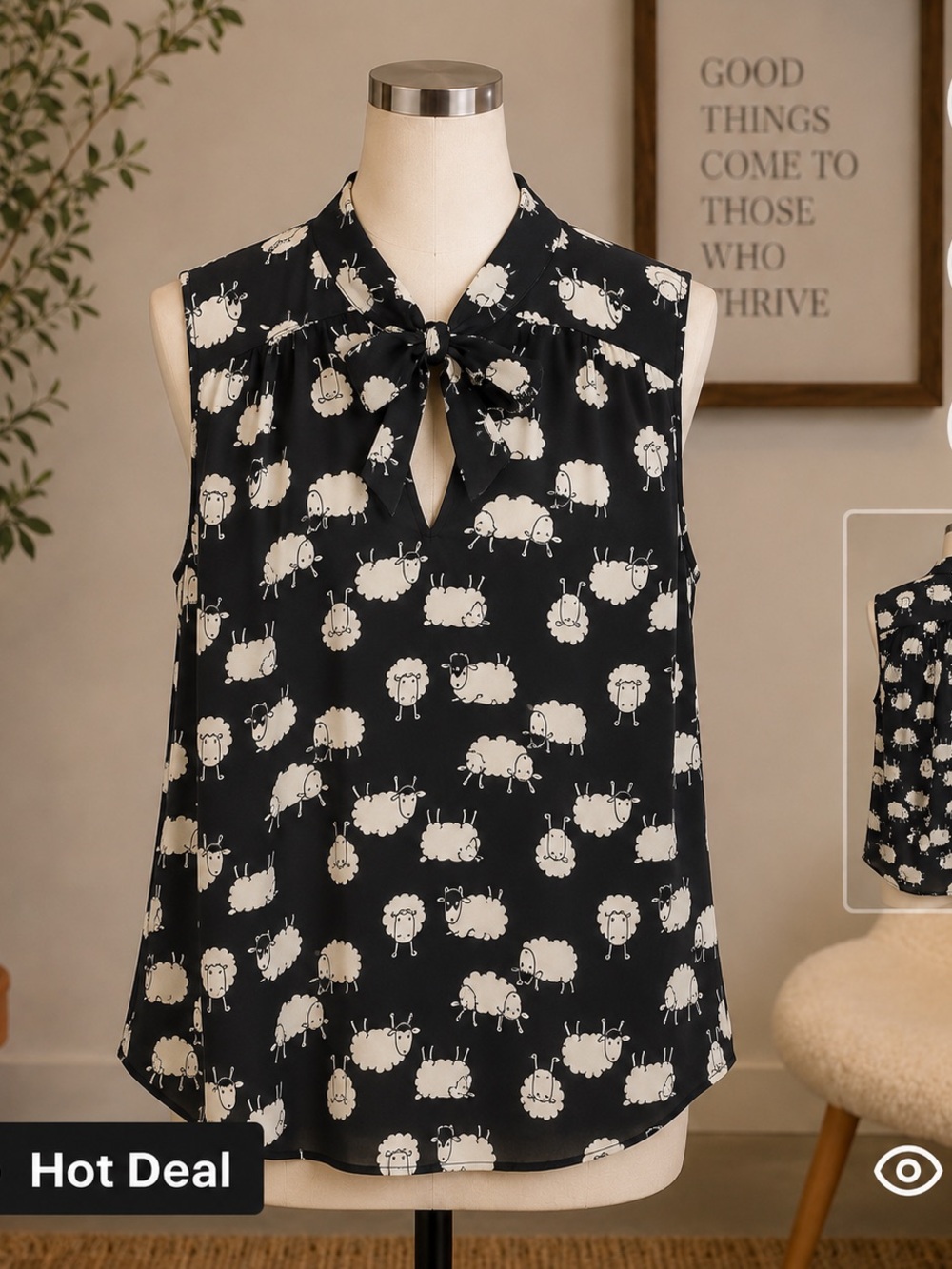 Modcloth Black Sleeveless Tie-Neck Sheep Print Camisole